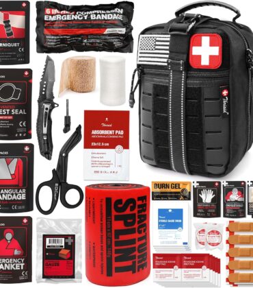 Survival First Aid Kit with Israeli Bandage, Chest Seal, Tourniquet, Splint, Tactical Military Combat Molle IFAK for Wound Care, Bleeding Control, Trauma Hemorrhage and More (Black)