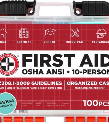 Be Smart Get Prepared OSHA/ANSI First Aid Kit - 10 Person, 100 Pieces - Designed for Home, Business, School, Industrial, and Restaurants - Compact & Portable
